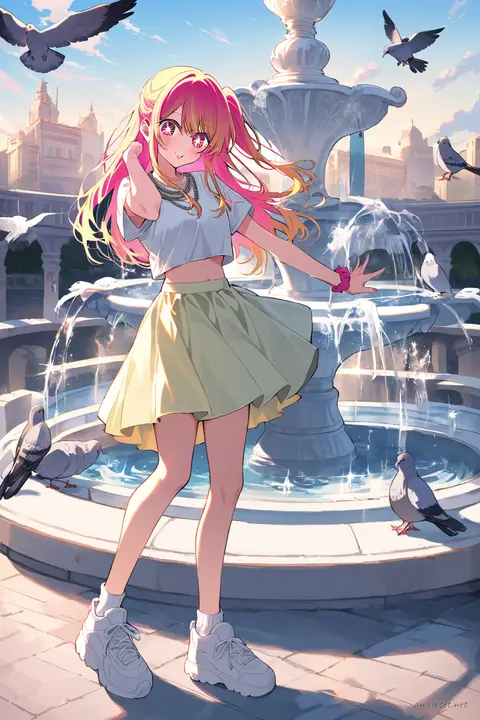 Full-body illustration of Ruby Hoshino in a white cropped tee and pastel yellow tennis skirt, twirling in an open plaza fountain with pigeons and bright sky