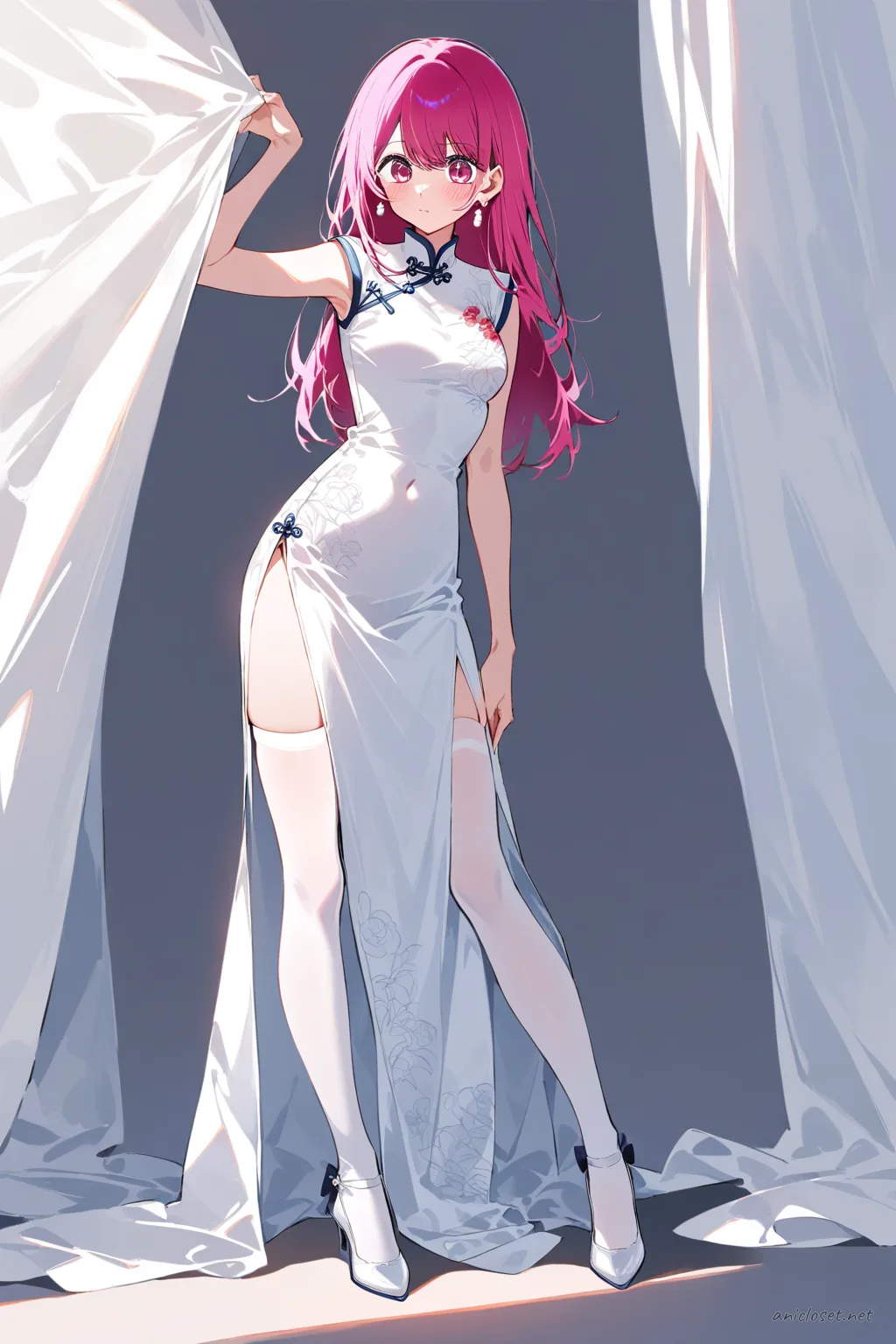 Full-body illustration of Ruby Hoshino standing in a white silk qipao with high mandarin collar, side slit, sheer stockings, and white kitten heels on a clean studio backdrop