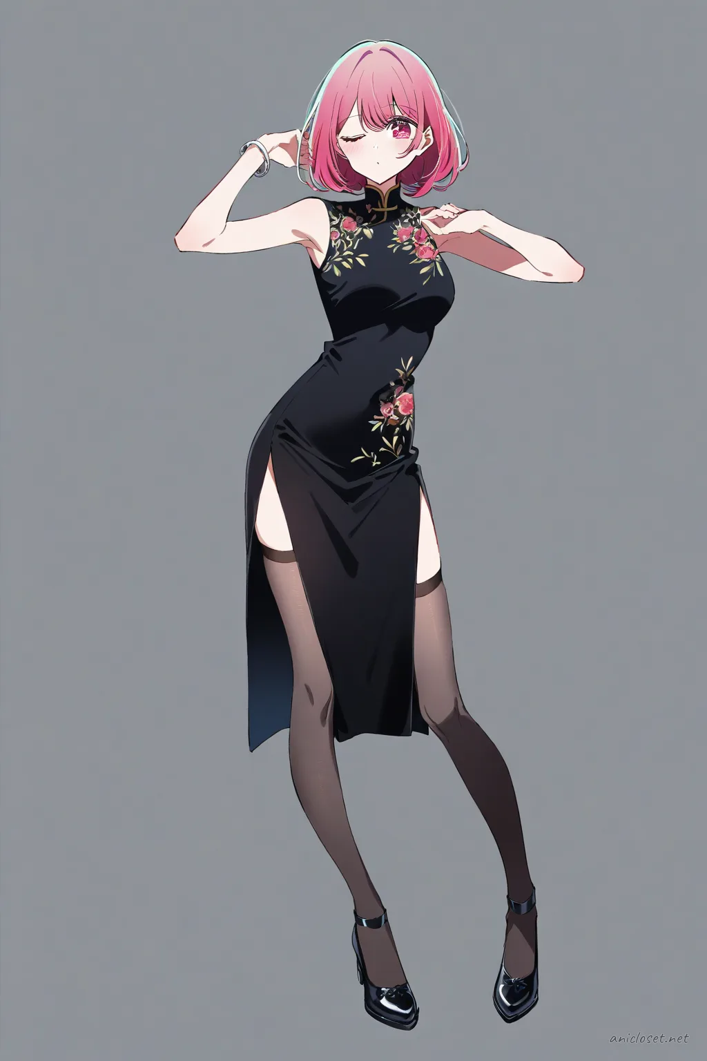 Full-body illustration of Ruby Hoshino wearing a black qipao with high collar and side slits, black sheer stockings, and Mary Jane shoes against a clean studio backdrop