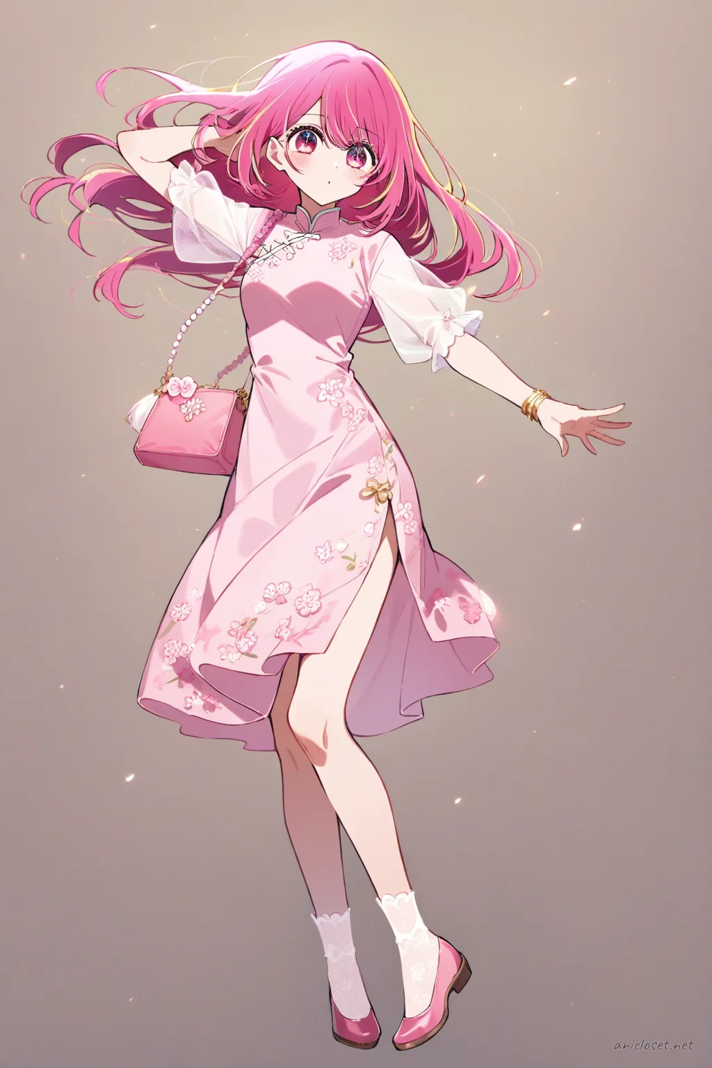 Full-body illustration of Ruby Hoshino standing in a pastel pink qipao with floral embroidery, sheer short sleeves, and pink ballet flats against a clean studio backdrop