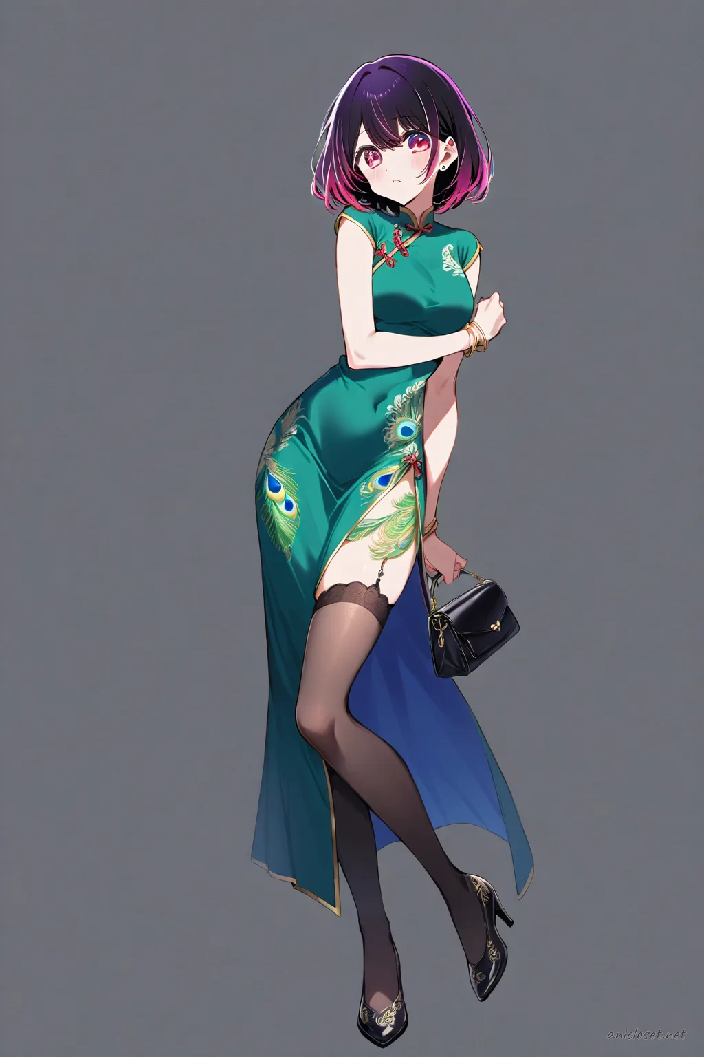 Full-body three-quarter view illustration of Ruby Hoshino wearing a patterned silk qipao with peacock motif, high slit, mandarin collar, and black kitten heels, holding a small clutch purse against a clean studio background