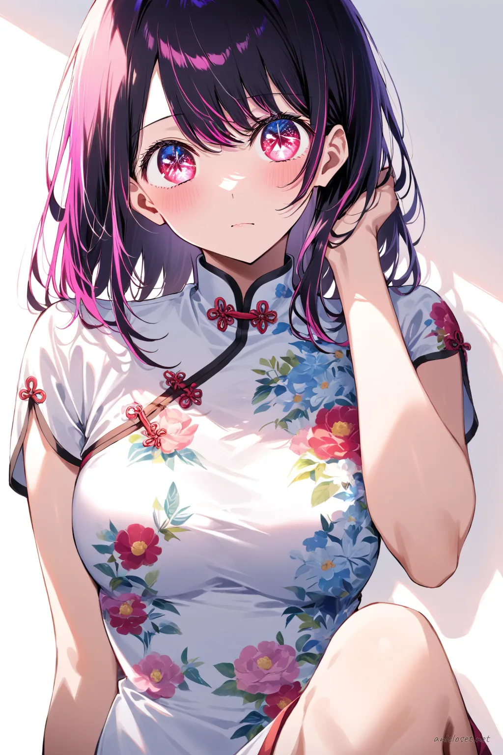 Knee-up half-body illustration of Ruby Hoshino wearing a short-sleeve summer qipao with floral embroidery and high slit, soft studio lighting