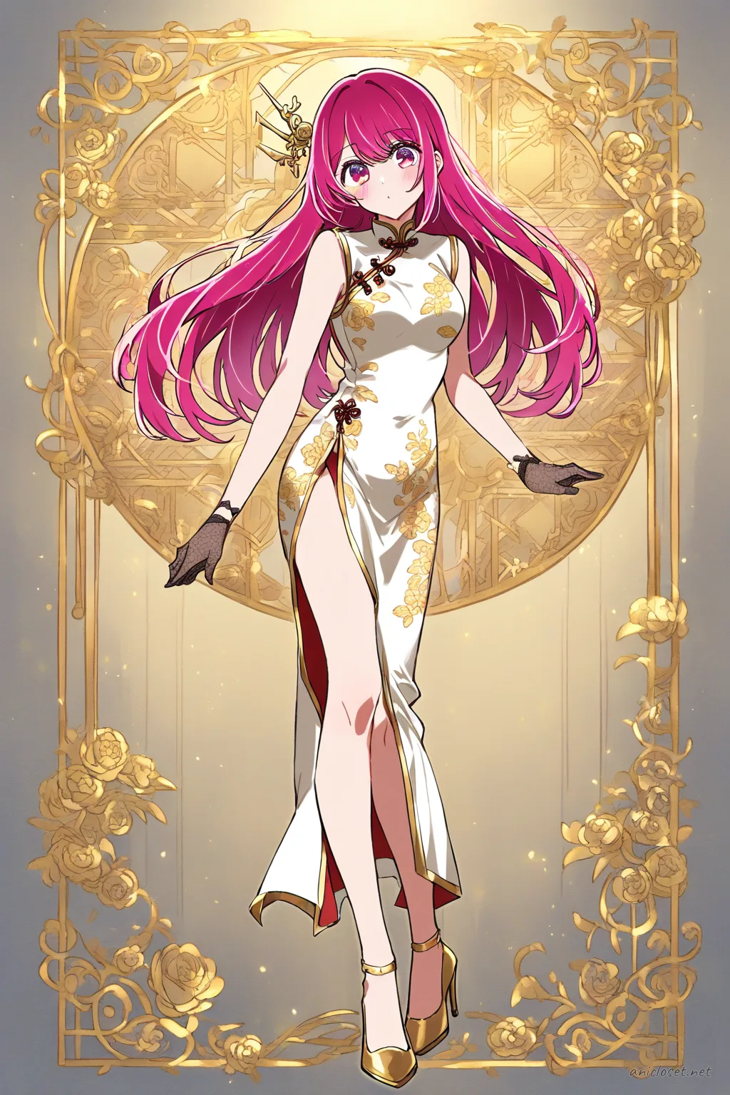 Full-body illustration of Ruby Hoshino wearing a gold-accent evening qipao with embroidered floral patterns, sheer mesh panel, black gloves, and gold heels against a clean studio backdrop