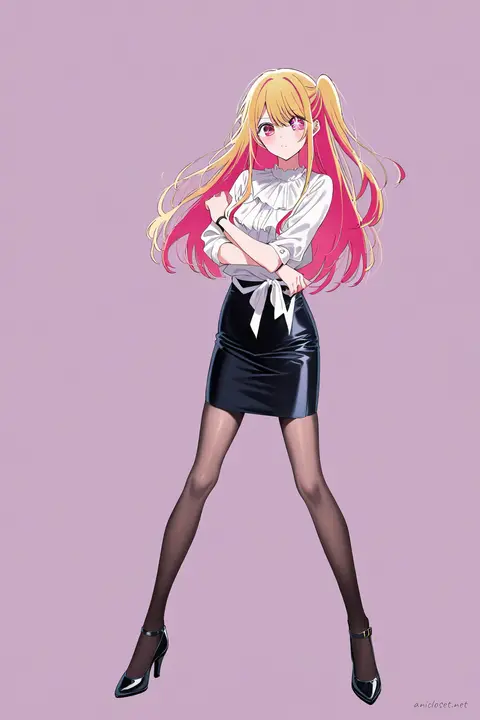 Illustration of Ruby Hoshino in a black slim pencil skirt, white blouse with ribbon tie, sheer black tights, and black pumps, standing with arms crossed in a modern lobby