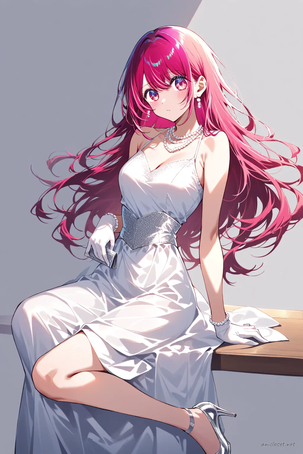 Illustration of Ruby Hoshino wearing a white sleeveless floor-length evening gown with pearl necklace, earrings, bracelet, white satin gloves, and holding a silver clutch purse, shown in a knee-up half-body pose with soft studio lighting on a clean background
