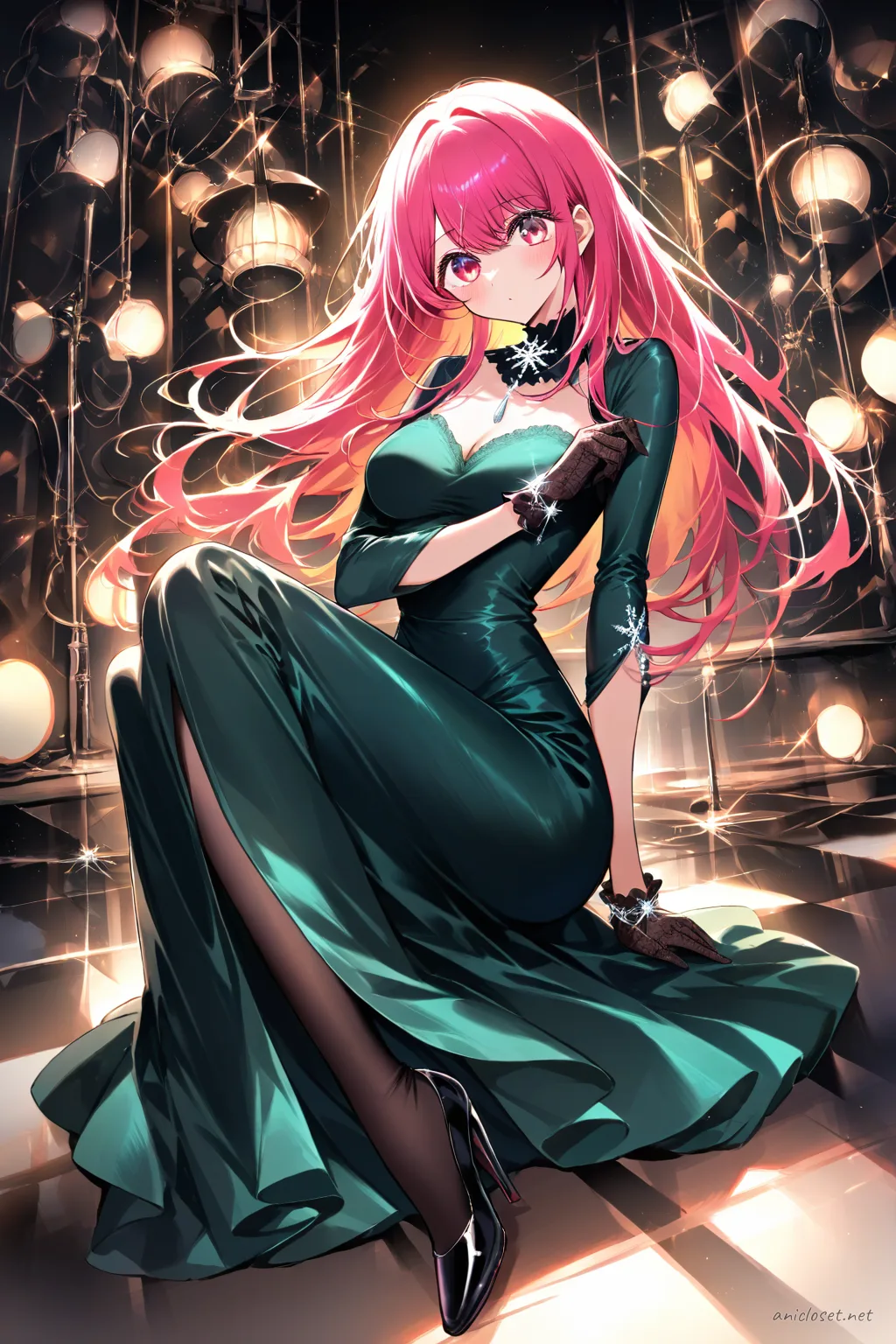 Knee-up half-body illustration of Ruby Hoshino wearing a deep emerald green velvet long-sleeve evening gown with high neckline and black velvet gloves, set against a clean background with soft studio lighting