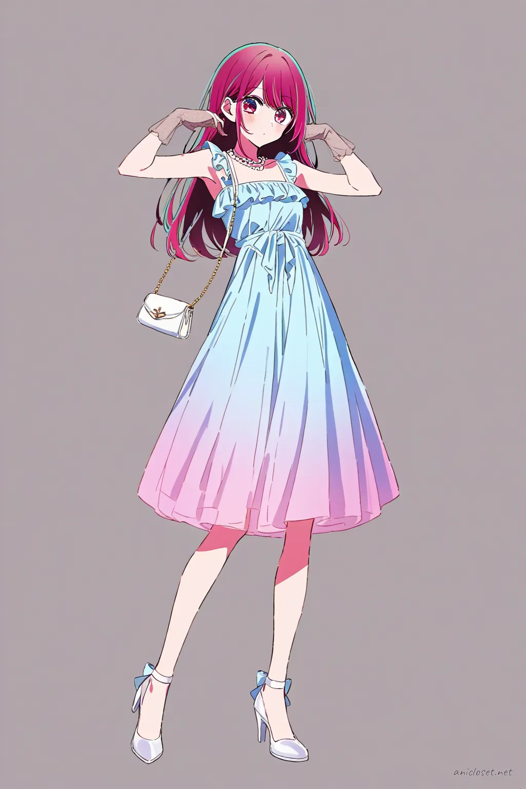 Illustration of Ruby Hoshino in a pastel formal midi dress with pearl necklace, sheer gloves, and ankle strap heels, standing against a clean studio backdrop