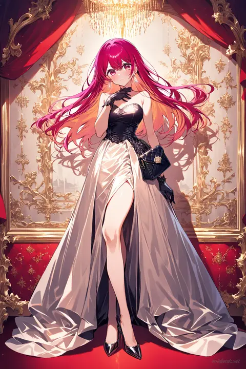 Full-body illustration of Ruby Hoshino in a strapless red carpet gown with a dramatic train, wearing long evening gloves and stiletto heels, standing against a clean studio backdrop