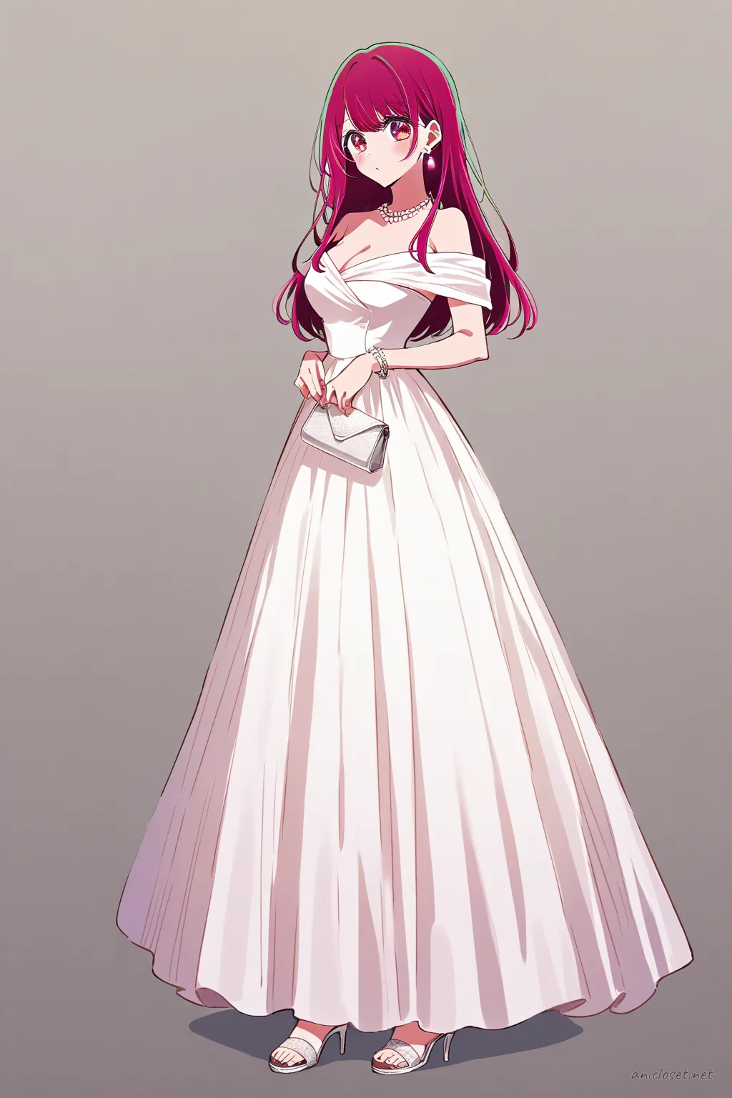 Full-body three-quarter view of Ruby Hoshino wearing an off-shoulder satin evening gown with pearl necklace and silver high-heeled sandals