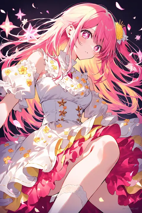 Illustration of Ruby Hoshino in a flower motif idol dress with petal layered skirt and bright pink and yellow colors, knee-up view under soft studio lighting