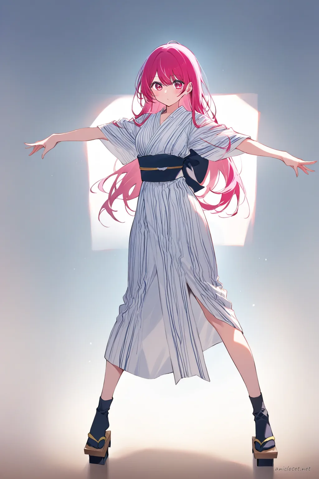 Full-body illustration of Ruby Hoshino wearing a summer yukata with simple stripe pattern, standing in geta sandals and tabi socks against a clean studio background