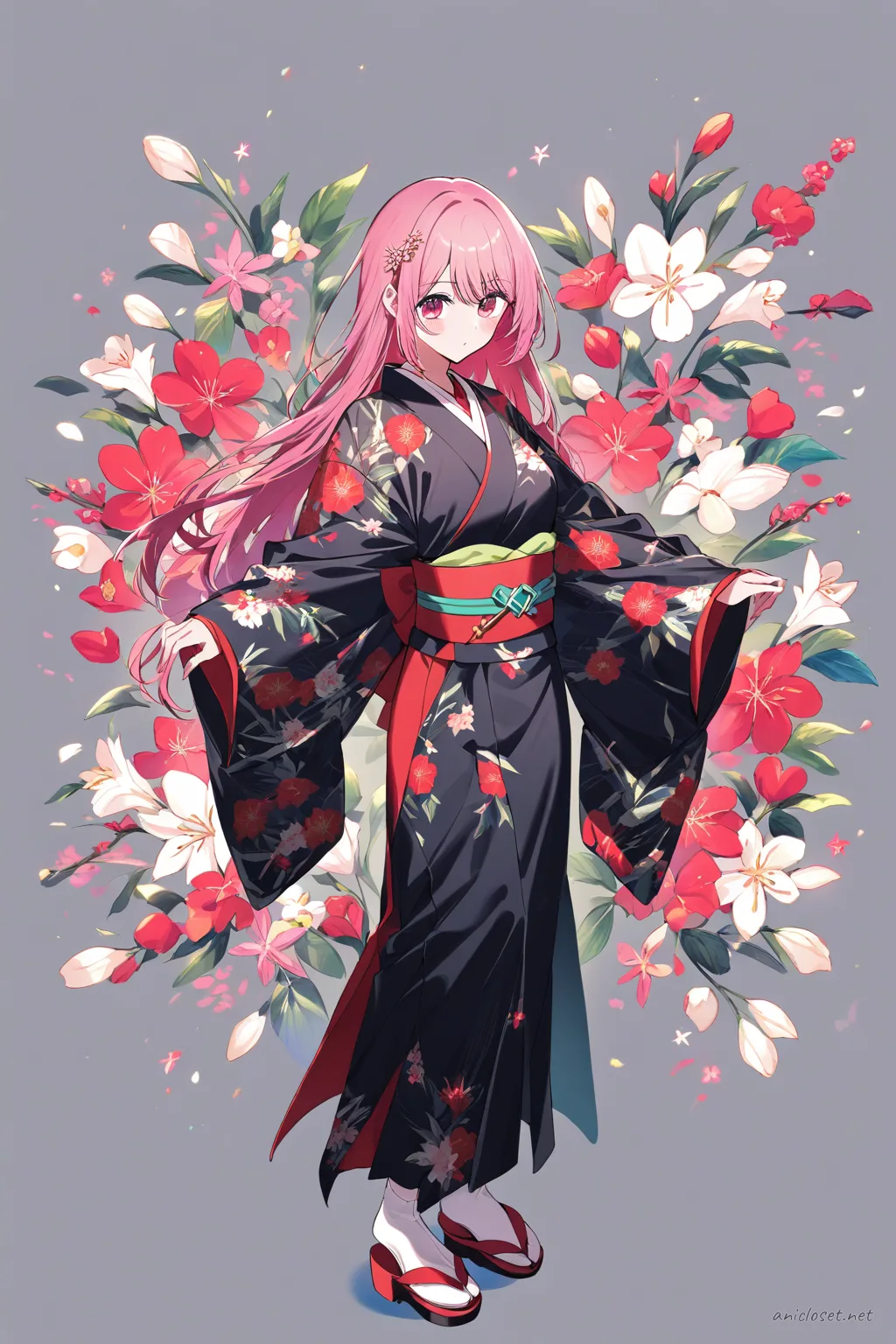 Full-body illustration of Ruby Hoshino wearing a dark formal kimono with subdued floral patterns, standing in a clean studio setting with traditional tabi socks and zori sandals