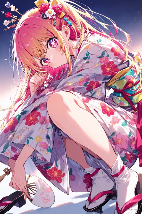 Full-body three-quarter view of Ruby Hoshino wearing a bright floral yukata with colorful obi sash, holding an uchiwa fan and wearing a festival hairpin, geta sandals, and tabi socks against a simple studio background