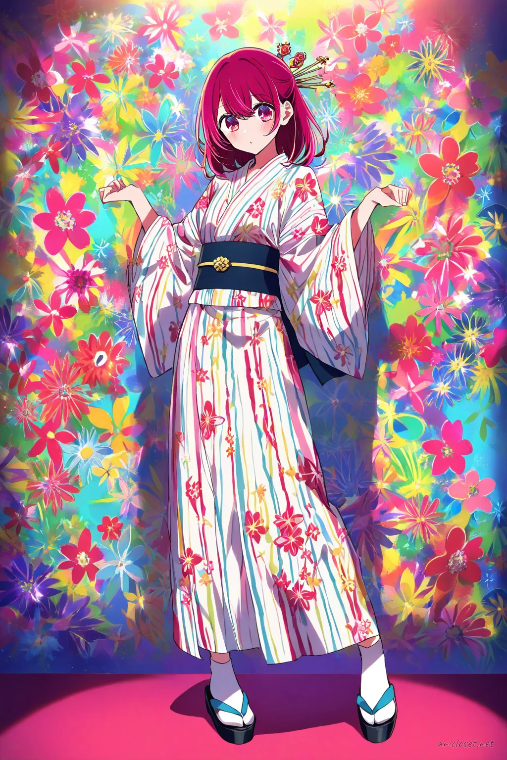 Full-body illustration of Ruby Hoshino standing in a bright floral festival yukata with wide obi belt, colorful obi-jime, festival hairpin, geta sandals, and tabi socks against a clean studio backdrop