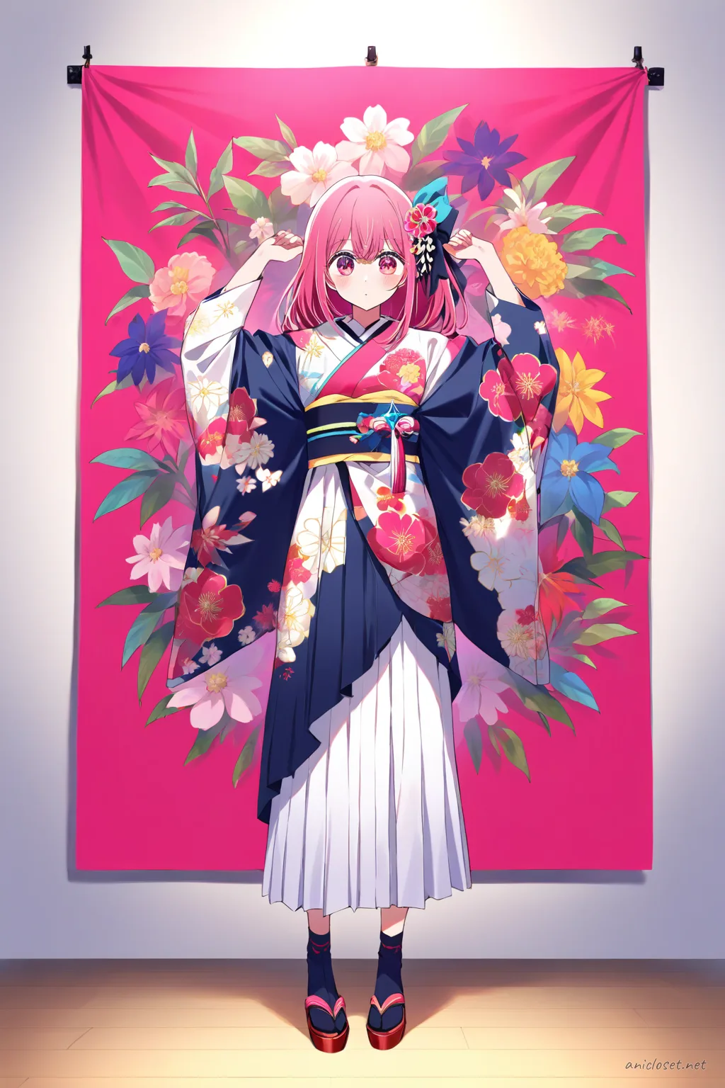 Full-body illustration of Ruby Hoshino wearing a modern floral pattern kimono with asymmetric obi, standing pose, tabi socks and zori sandals, hair ribbon accessory, clean studio background