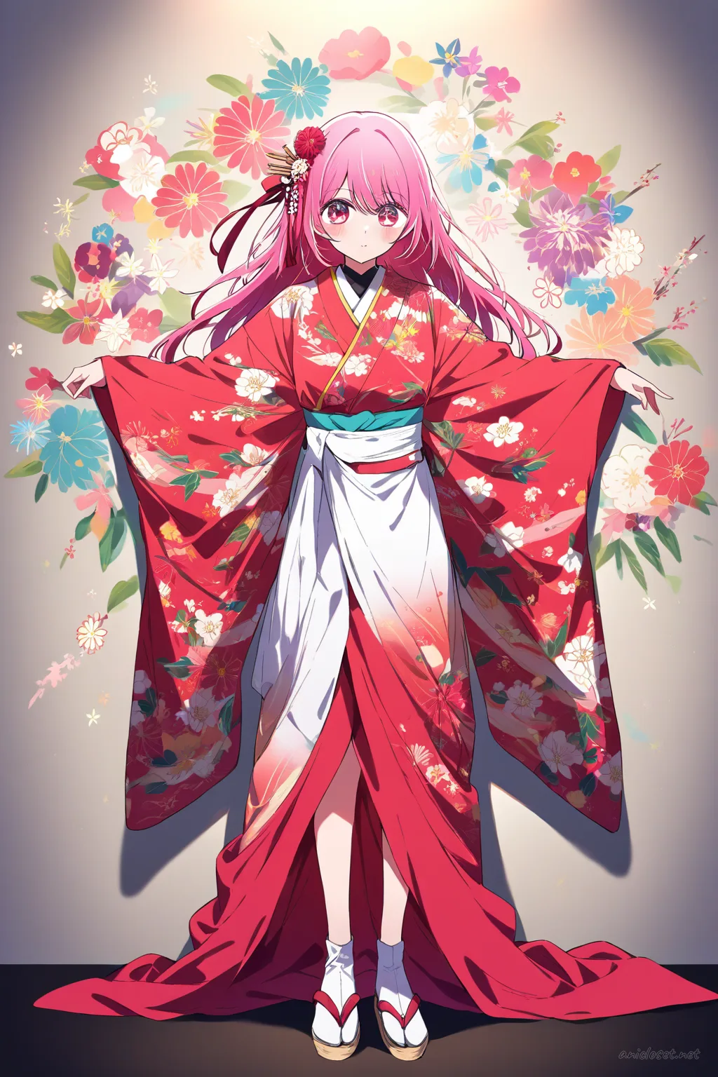 Full-body illustration of Ruby Hoshino standing in a red kimono with white obi, floral pattern, long sleeves, traditional tabi socks, zori sandals, hair ribbon, and decorative hairpin against a clean studio background