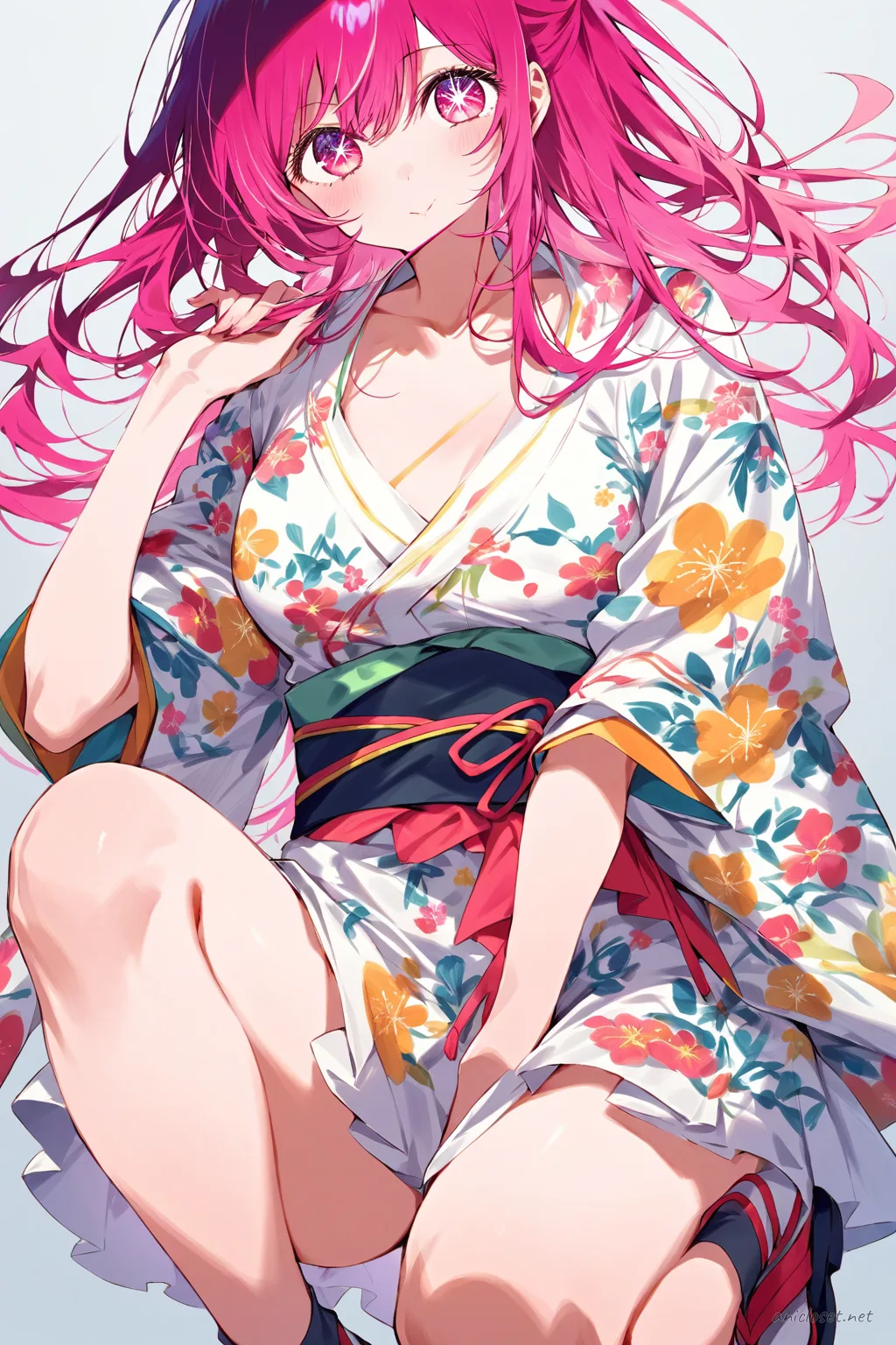 Illustration of Ruby Hoshino wearing a short modern kimono dress with floral pattern, wide obi belt, half sleeves, tabi socks, and zori sandals against a clean studio background