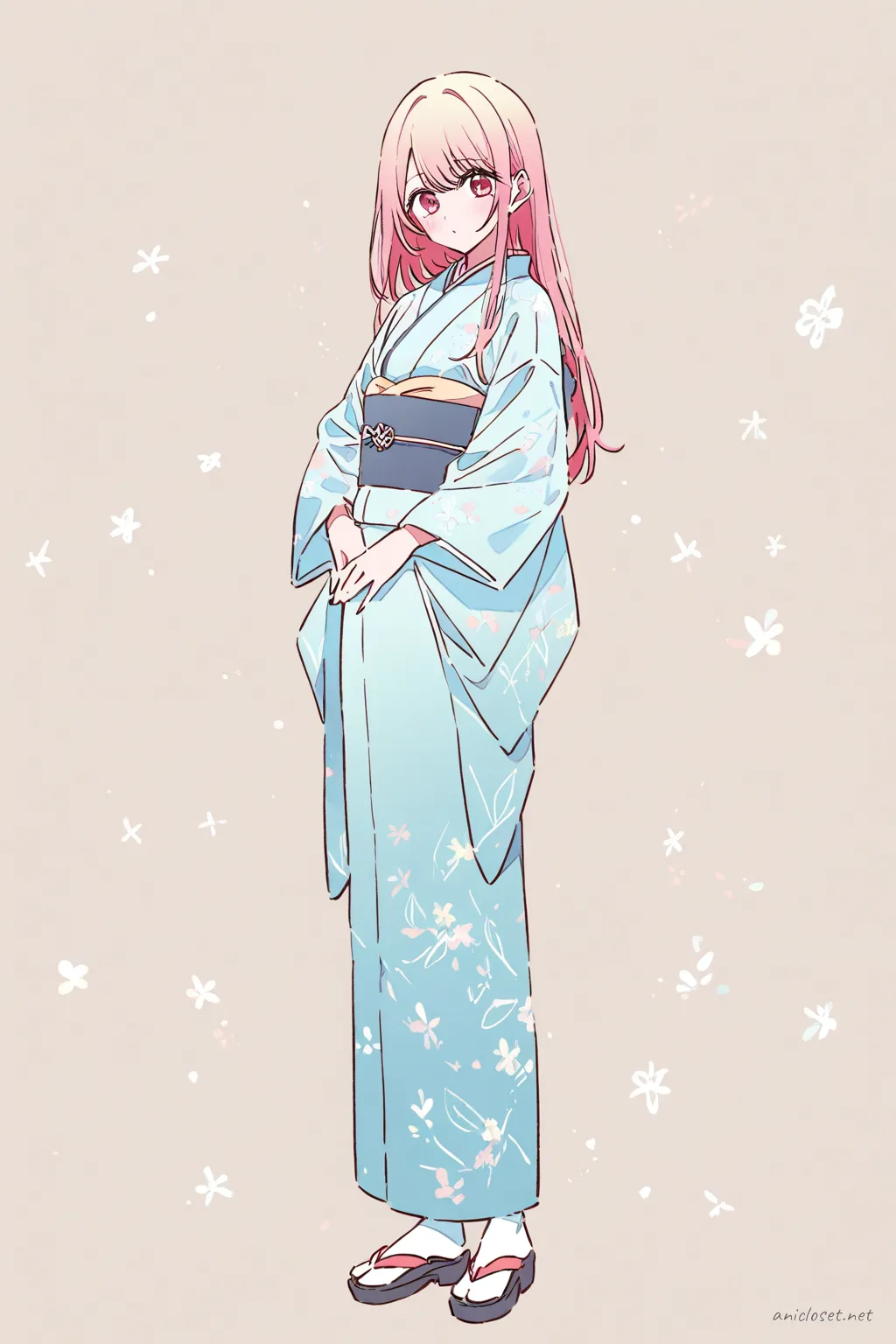 Full-body illustration of Ruby Hoshino standing in a pastel blue tea-ceremony kimono with subtle floral patterns, light beige obi, white tabi socks, and zori sandals against a clean studio backdrop