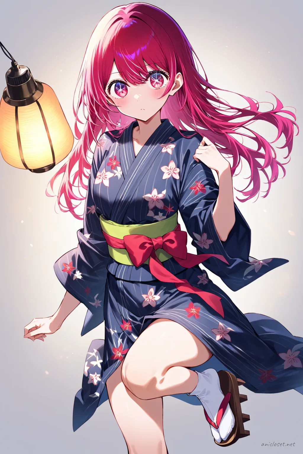 Illustration of Ruby Hoshino wearing a dark blue night yukata with subtle floral patterns, obi sash, and lantern print accessory under soft studio lighting
