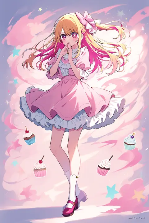 Illustration of Ruby Hoshino in a pastel pink cupcake print jumper skirt and white puff-sleeve blouse, standing in a clean studio background