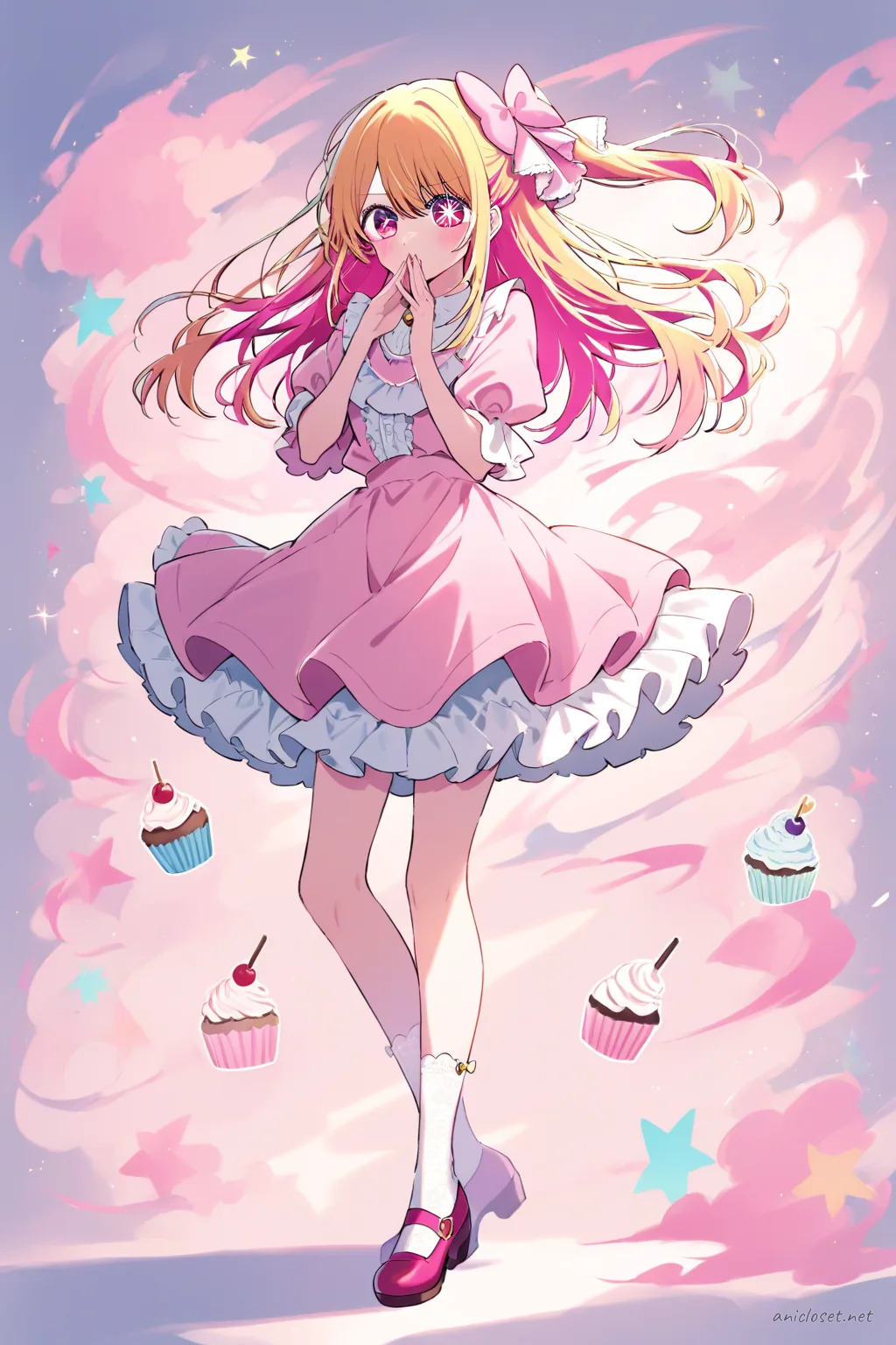 Illustration of Ruby Hoshino in a pastel pink cupcake print jumper skirt and white puff-sleeve blouse, standing in a clean studio background