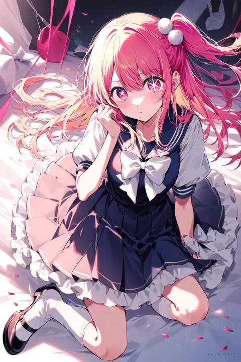 Ruby Hoshino wearing navy sailor collar Lolita dress with striped bow and pleated bell skirt, knee socks, and Mary Jane shoes in soft lighting