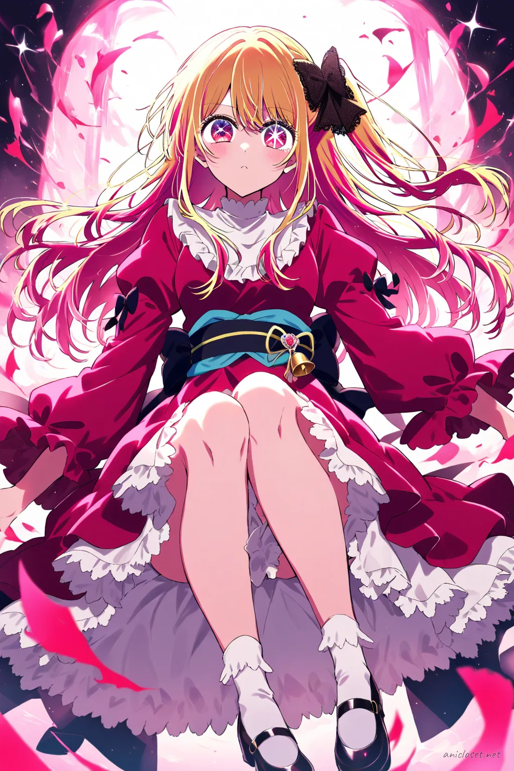 Ruby Hoshino wearing a wa-Lolita dress with kimono sleeves and floral petticoat skirt, featuring an obi bow and lace hair ornament in soft studio lighting