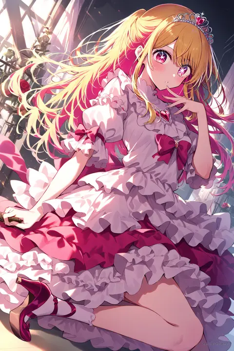 Ruby Hoshino wearing a rose-pink hime Lolita princess dress with pearl trim, tiara comb, and bow heels in a knee-up studio shot