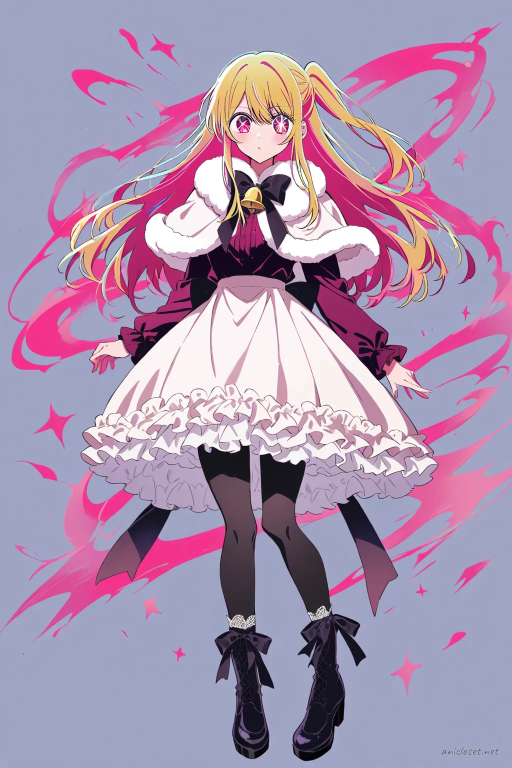 Full-body three-quarter view of Ruby Hoshino in a winter Lolita coat dress with faux-fur capelet, velvet bow, warm tights, and lace-trimmed ankle boots on a clean studio background