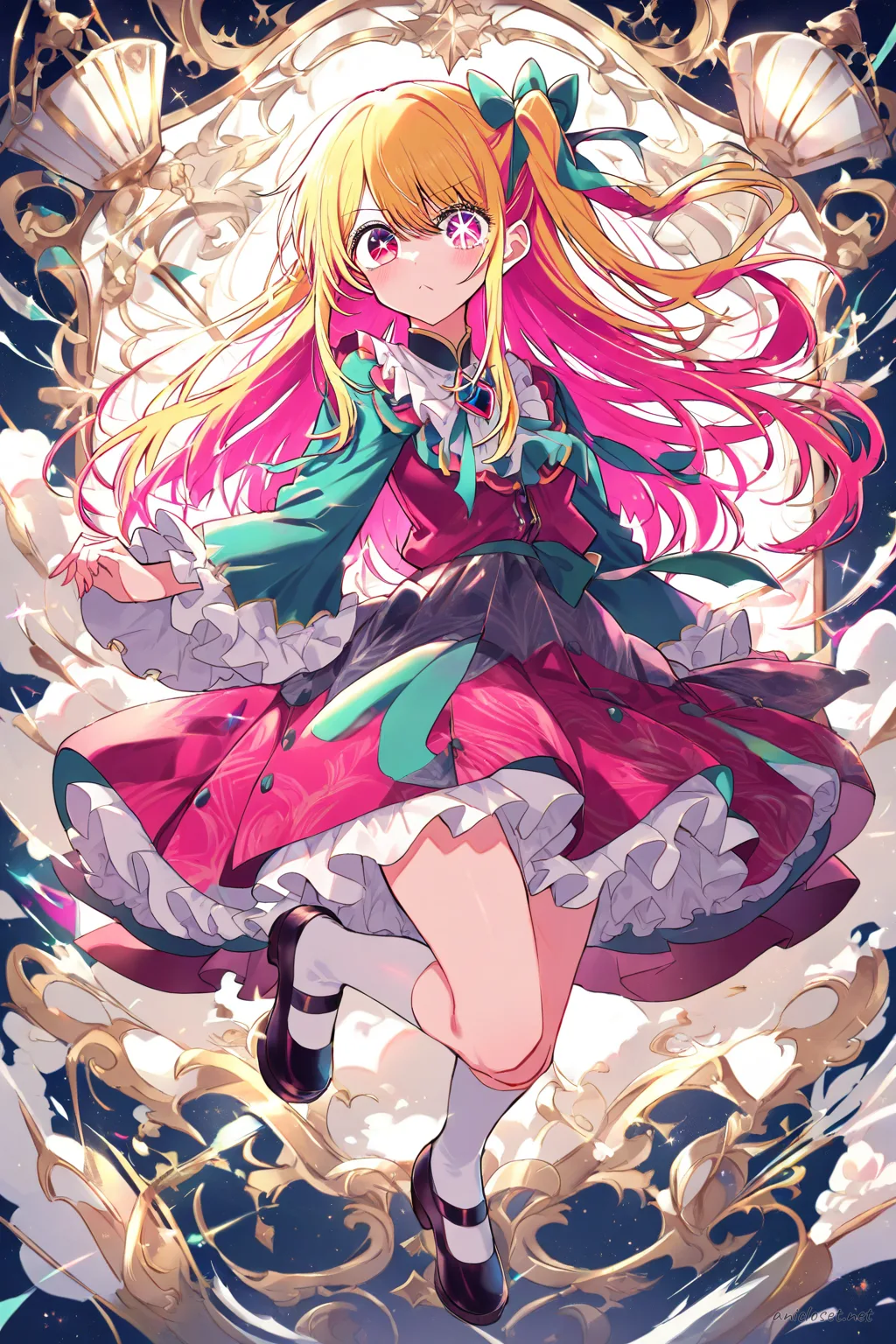 Full-body illustration of Ruby Hoshino in a Lolita dress with mandarin collar, brocade bell skirt, frog buttons, and jade ribbon accents, standing in a clean studio backdrop with visible shoes