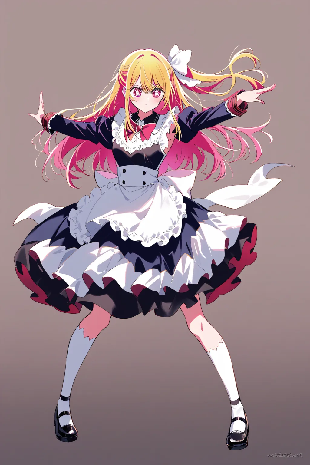 Full-body illustration of Ruby Hoshino in a cafe maid dress with knee-length skirt, puff sleeves, white ribbon apron, and black mary janes, standing against a clean studio backdrop