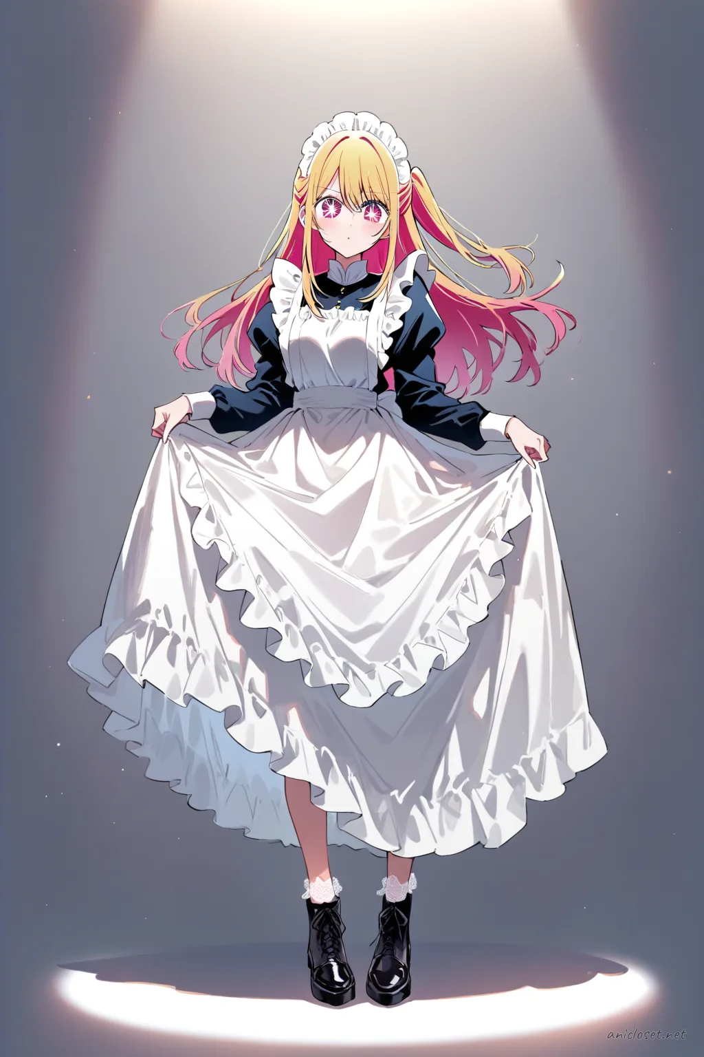 Full-body illustration of Ruby Hoshino in navy Edwardian maid uniform with high collar, long sleeves, white bib apron, and ankle boots on clean studio background