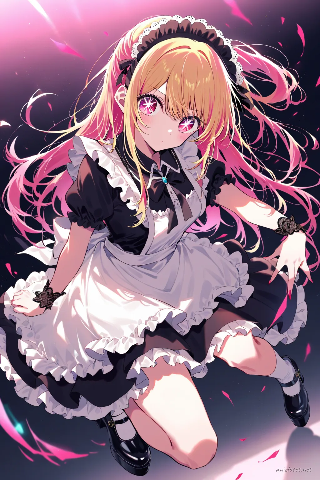 Full-body three-quarter view illustration of Ruby Hoshino in a gothic black lace maid dress with layered knee-length skirt, cross-tie ribbon collar, white apron, black lace wrist cuffs, and black platform mary jane shoes against a simple studio background