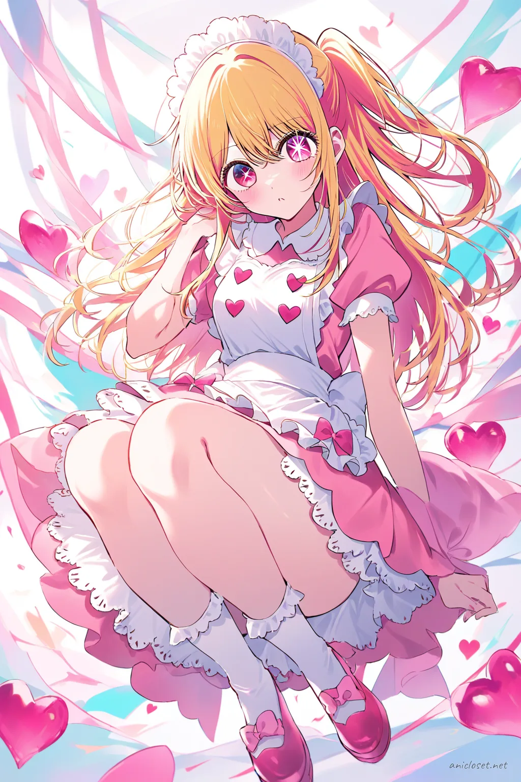 Full-body three-quarter view of Ruby Hoshino in pastel pink maid dress with scalloped white apron and heart-shaped buttons