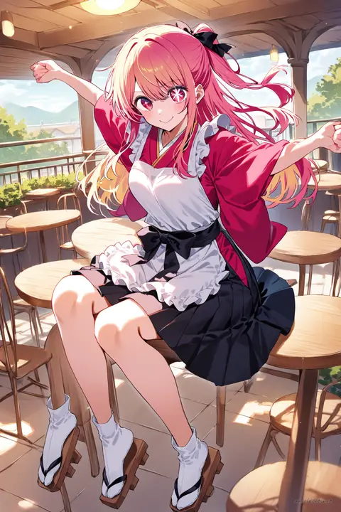 Illustration of Ruby Hoshino wearing a maid outfit with kimono sleeves, hakama-inspired skirt, white apron, and ribbon obi