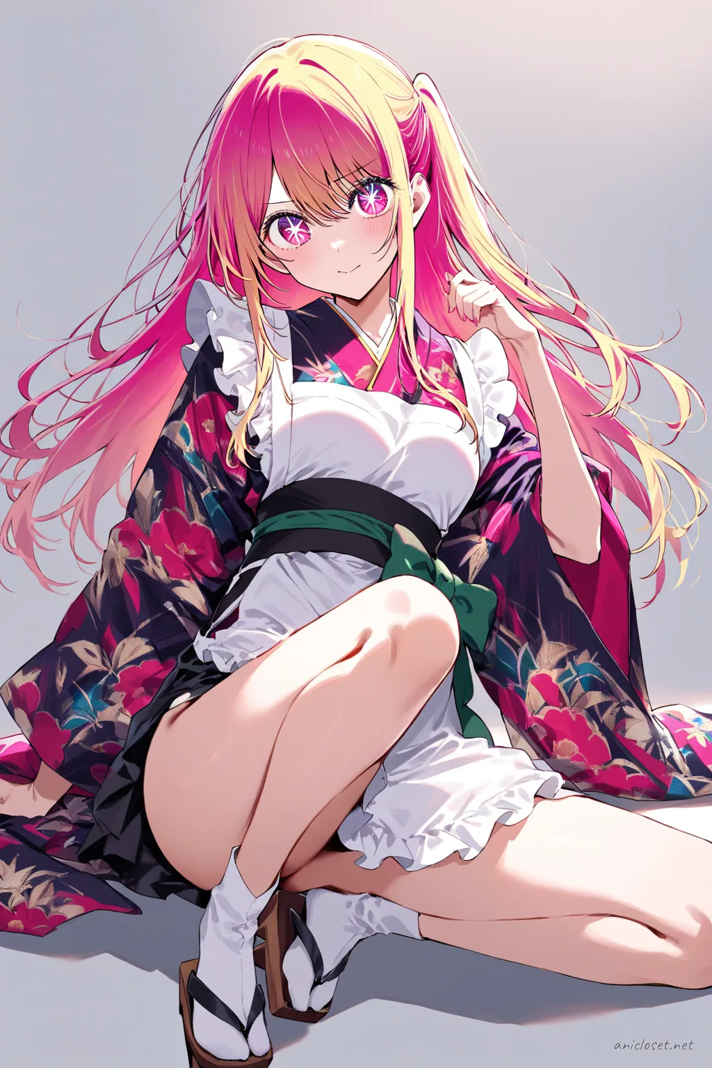 Knee-up illustration of Ruby Hoshino wearing a maid outfit with kimono sleeves, hakama-inspired skirt, white apron, and ribbon obi under soft studio lighting
