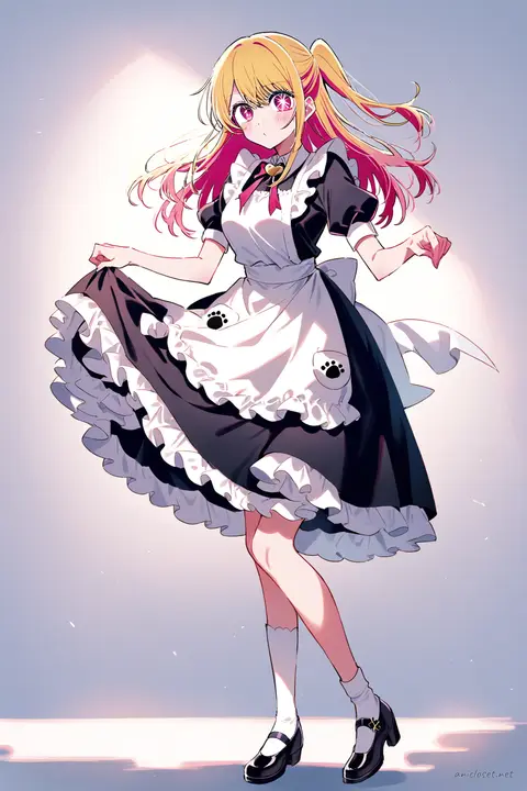 Full-body illustration of Ruby Hoshino wearing a knee-length black maid dress with puff sleeves, white collar, white apron featuring paw-print pockets, bell ribbon choker, black Mary Jane shoes, and white ankle socks standing against a clean studio backdrop