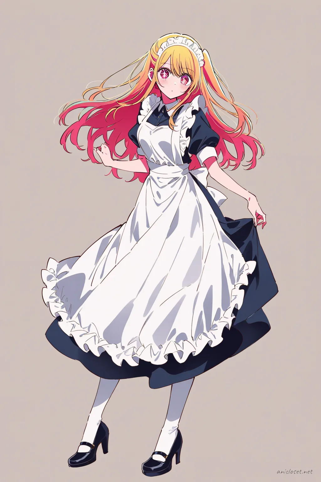 Full-body illustration of Ruby Hoshino in a modern monochrome maid dress with white apron, black low heels, and white ankle socks, standing in a clean studio background