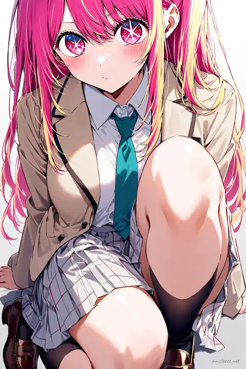 Knee-up half-body illustration of Ruby Hoshino wearing beige blazer, white dress shirt, navy necktie, plaid pleated skirt, knee socks, and brown loafers in soft studio lighting