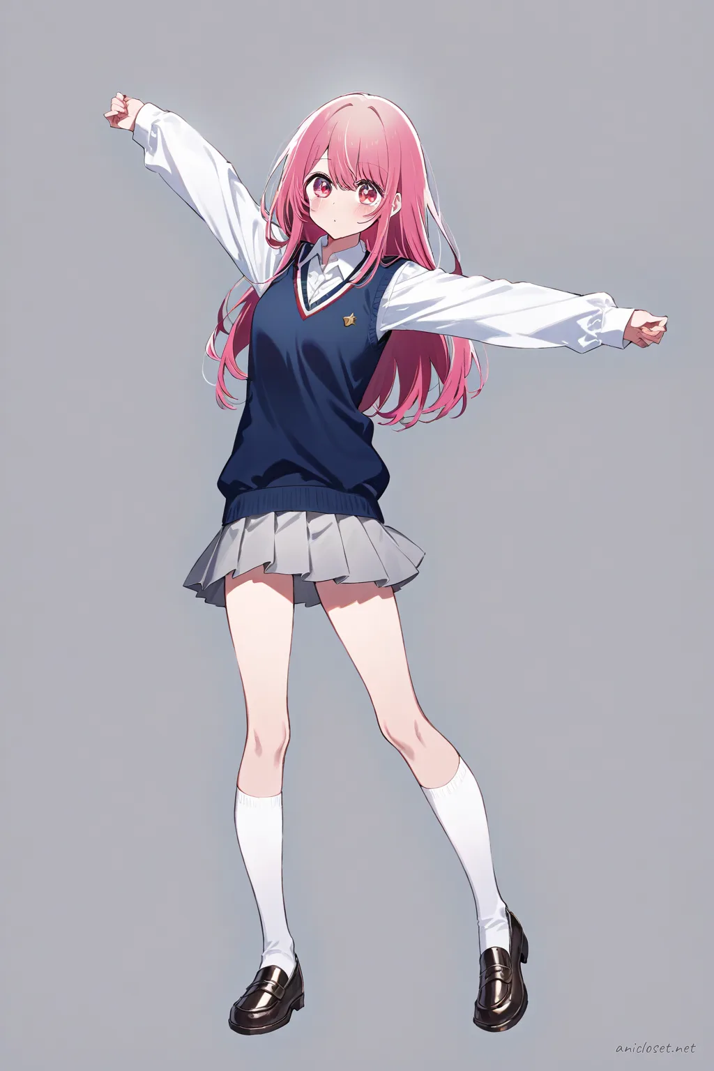 Illustration of Ruby Hoshino wearing a navy blue sweater vest over a white long-sleeve shirt and pleated school skirt, knee-up half-body view with soft studio lighting