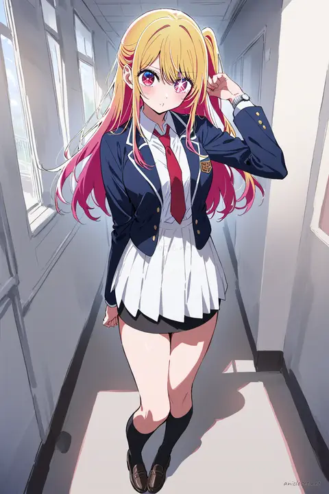 Full-body illustration of Ruby Hoshino wearing a navy blazer with school emblem, white dress shirt, red necktie, black pencil skirt, knee-high socks, and black loafers against a clean studio backdrop