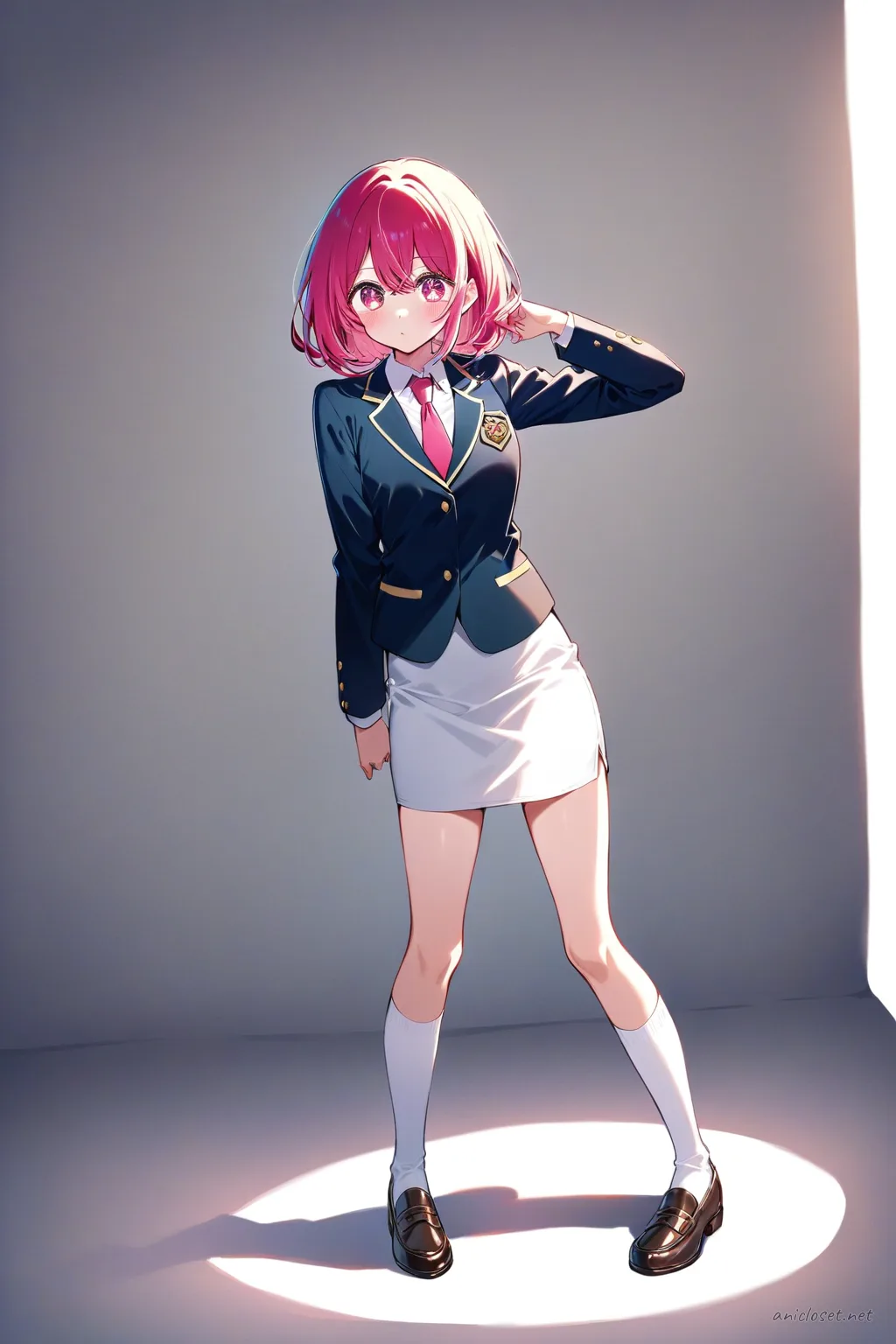 Full-body illustration of Ruby Hoshino in a private academy blazer with emblem, white dress shirt, narrow necktie, pencil skirt, knee-high socks, and loafers, standing against a clean studio backdrop
