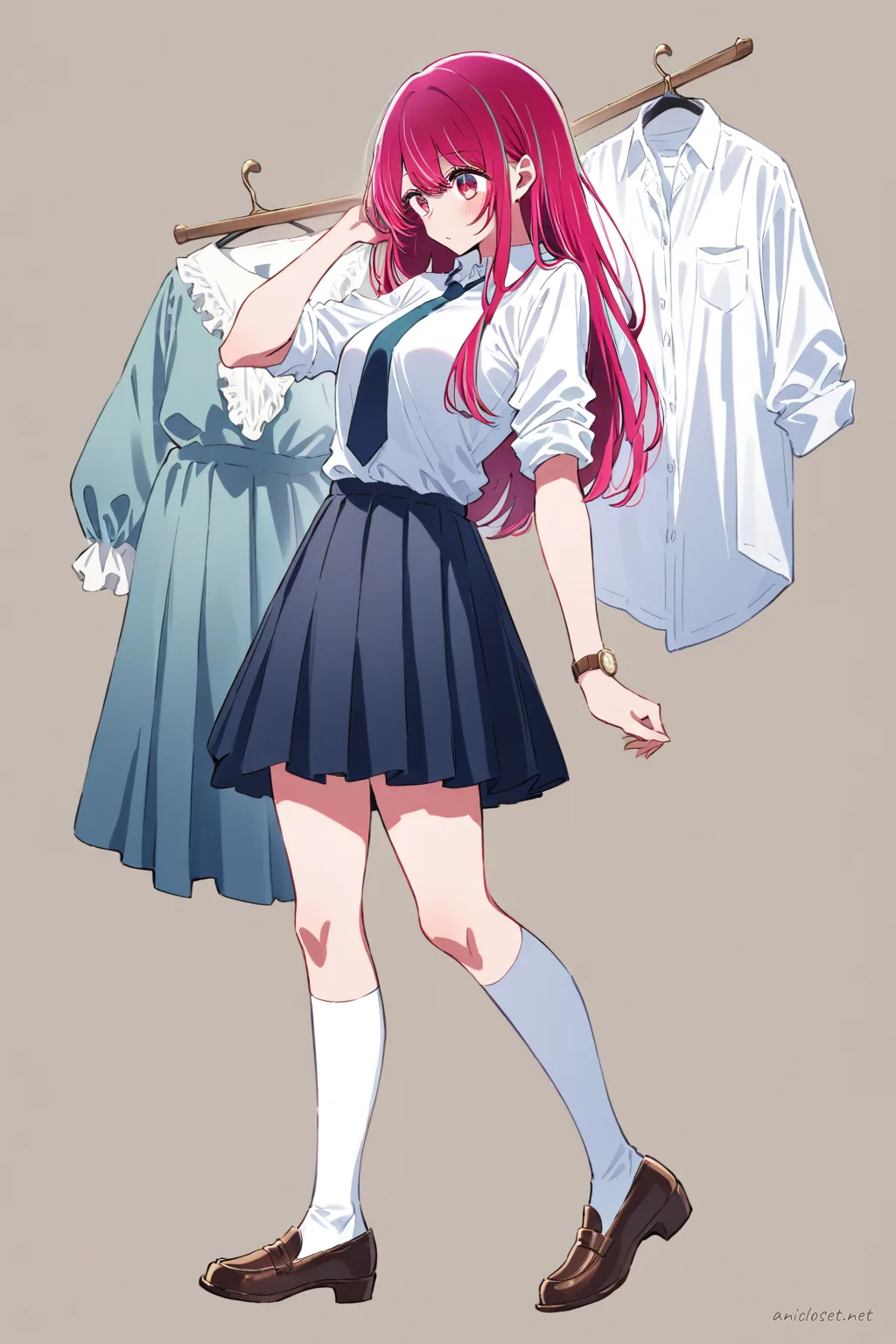 Full-body three-quarter view of Ruby Hoshino in a school outfit with undone navy blue necktie, rolled-up white shirt sleeves, navy pleated skirt, white knee-high socks, and brown loafers against a clean studio background