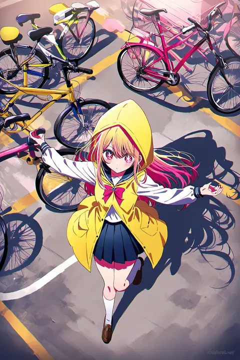 Full body illustration of Ruby Hoshino wearing a lightweight yellow raincoat over a white blouse with sailor collar, navy pleated skirt, knee socks, and loafers, viewed from above