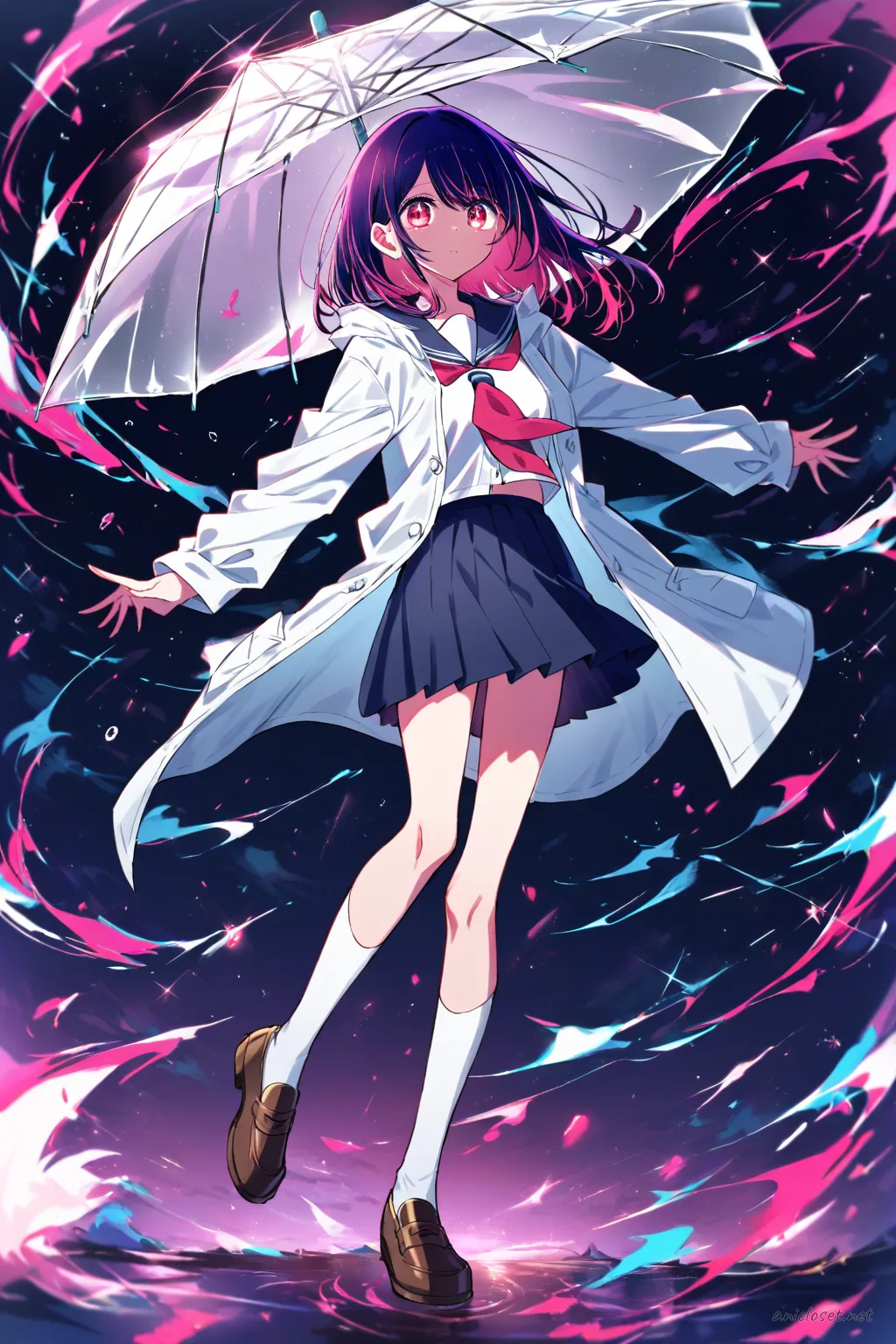Full-body illustration of Ruby Hoshino wearing a navy blue school raincoat over a sailor collar uniform, holding a transparent umbrella, standing in a clean studio background with brown loafers and knee-high socks visible