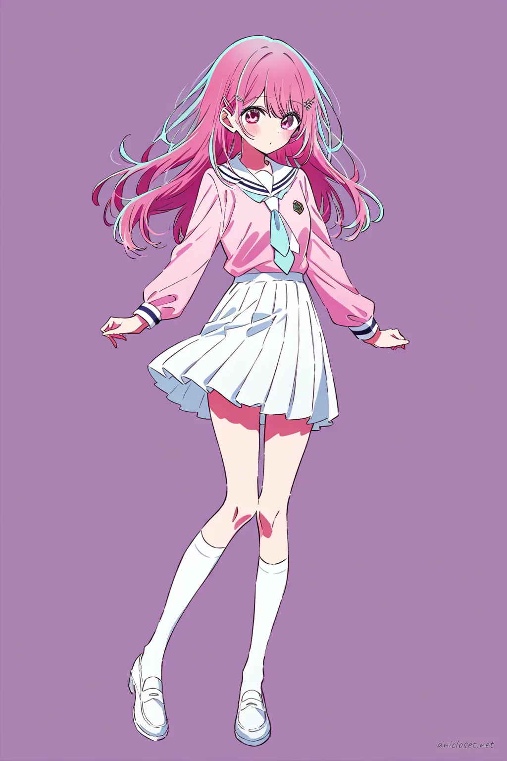 Full-body three-quarter view illustration of Ruby Hoshino wearing a pastel pink long-sleeve sailor collar blouse and soft lavender pleated mini skirt with white knee-high socks and black loafers