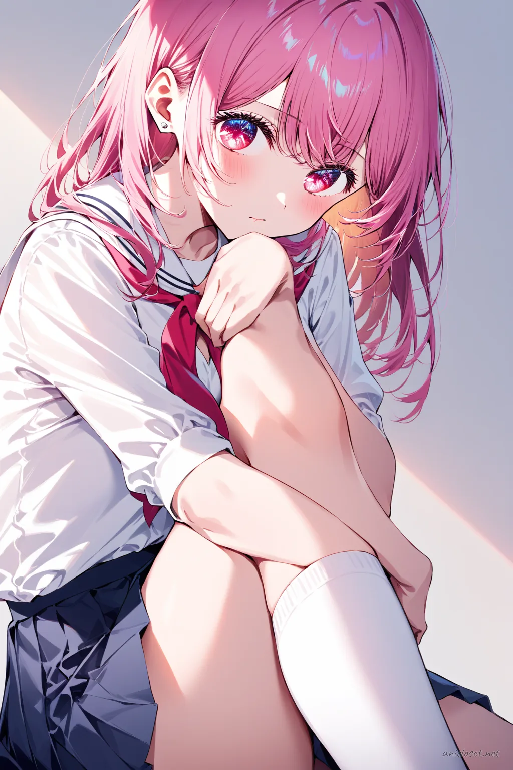 Illustration of Ruby Hoshino in her Signature look variant 03, wearing a school uniform with sailor collar, pleated skirt, white socks, and Mary Jane shoes under soft studio lighting