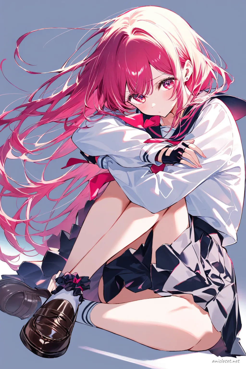 Illustration of Ruby Hoshino in her Signature look variant 05 wearing a long-sleeve sailor-collar blouse, pleated skirt, fingerless gloves, knee-high socks, and mary-jane shoes against a clean background with soft studio lighting
