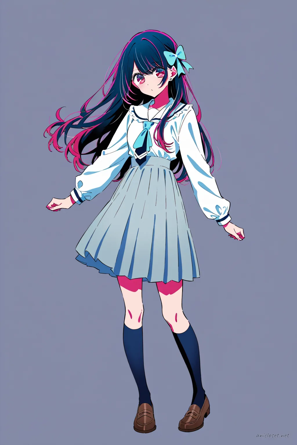 Full-body three-quarter view illustration of Ruby Hoshino in her Signature look variant 06 wearing a pleated sailor collar blouse, plaid skirt, knee socks, loafers, and a hair bow on a clean background
