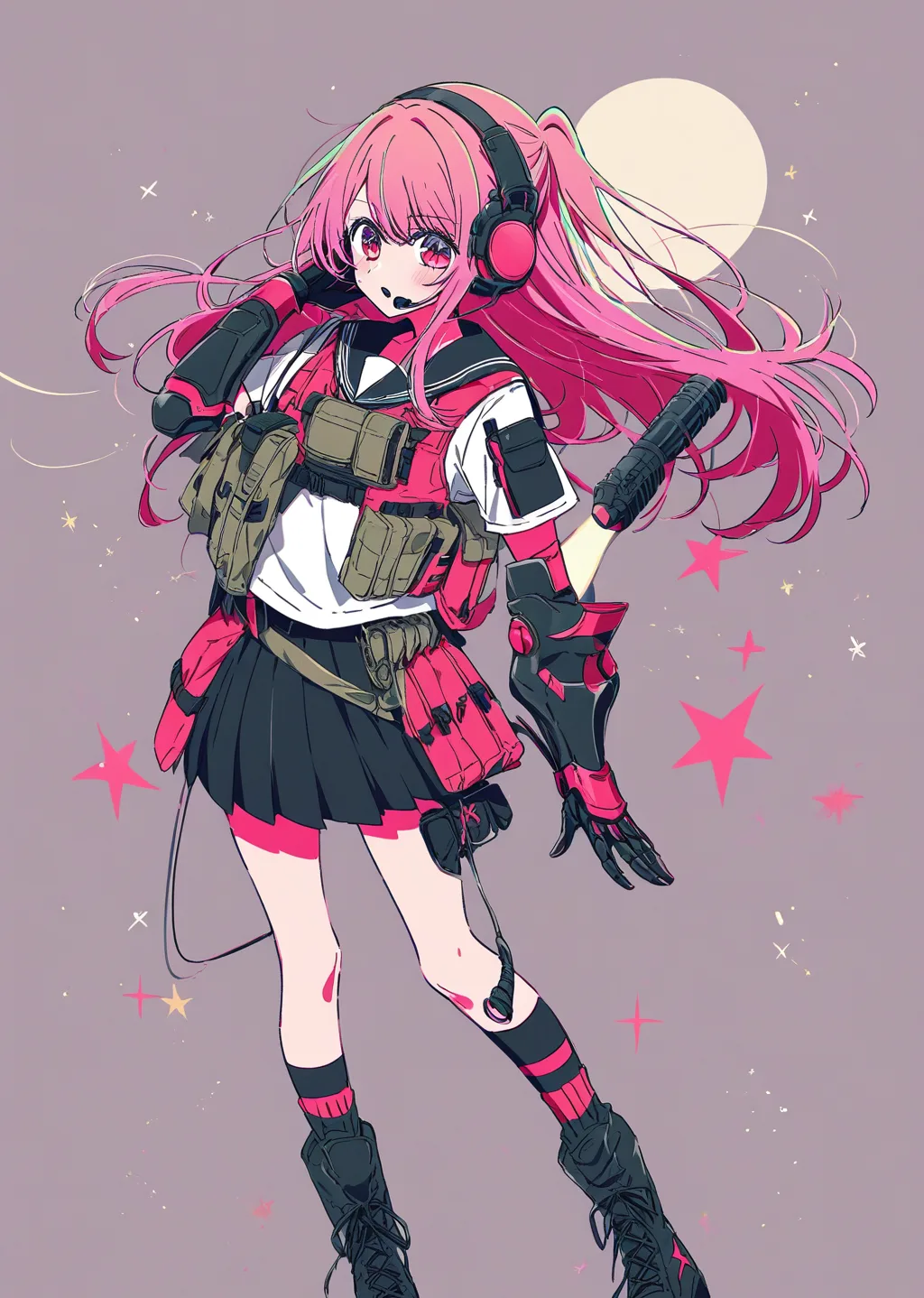 Knee-up half-body illustration of Ruby Hoshino in her Signature look variant 07, wearing a sailor collar school uniform with battle-ready accessories under soft studio lighting